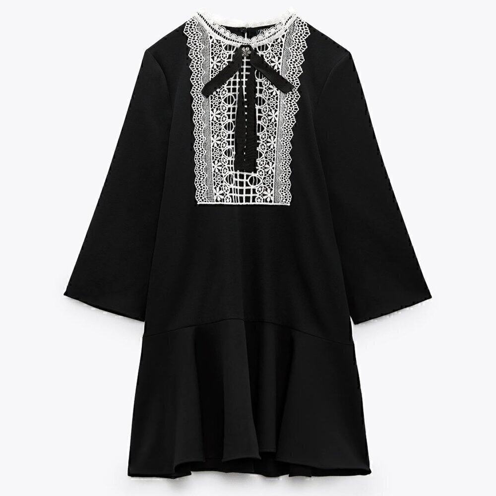 Zara NWT Black Contrast Lace Tie Front Ruffle Mini Dress S M - Picture 14 of 16